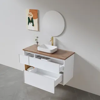 ארון אמבטיה תלוי רוחב 100 ס"מ בעומק 46 ס"מ צבע לבן מט עם משטח עץ מלא להנחת כיור מונח דגם פריבורג