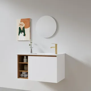 ארון אמבטיה תלוי רוחב 55 ס"מ בעומק 33 ס"מ צבע לבן מט עם כיור משטח חרס שקוע דגם B10025-55A