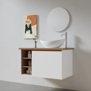 ארון אמבטיה תלוי רוחב 47 ס"מ בעומק 24 ס"מ צבע לבן מט עם משטח עץ מלא להנחת כיור מונח דגם B10025-47