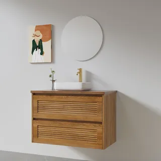 ארון אמבטיה תלוי רוחב 60, 80, 100 ס"מ לבחירתך בעומק 46 ס"מ עשוי מעץ מלא אלון מבוקע עם משטח עץ מלא להנחת כיור מונח דגם פלמן