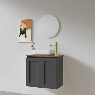 ארון אמבטיה תלוי רוחב 47 ס"מ בעומק 24 ס"מ צבע לבן או שחור מט לבחירתך עם משטח עץ מלא להנחת כיור מונח דגם בילונד