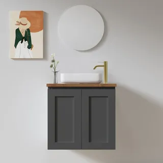 ארון אמבטיה תלוי רוחב 47 ס"מ בעומק 24 ס"מ צבע לבן או שחור מט לבחירתך עם משטח עץ מלא להנחת כיור מונח דגם בילונד