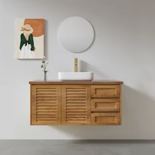 ארון אמבטיה תלוי רוחב 80, 100 ס"מ לבחירתך בעומק 46 ס"מ עשוי מעץ מלא אלון מבוקע עם משטח עץ מלא להנחת כיור מונח דגם קיוטו