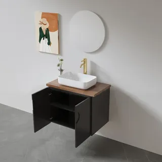 ארון אמבטיה תלוי לפי מידה רוחב עומק וצבע לפי בחירתך עם משטח עץ מלא להנחת כיור מונח דגם דריס