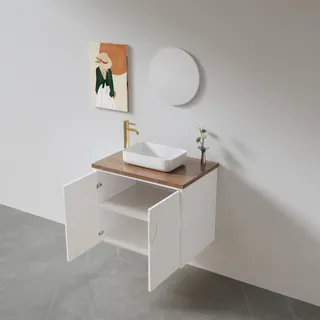 ארון אמבטיה תלוי לפי מידה רוחב עומק וצבע לפי בחירתך עם משטח עץ מלא להנחת כיור מונח דגם דריס