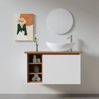 ארון אמבטיה תלוי לפי מידה רוחב עומק וצבע לפי בחירתך עם משטח עץ מלא להנחת כיור מונח דגם רימו