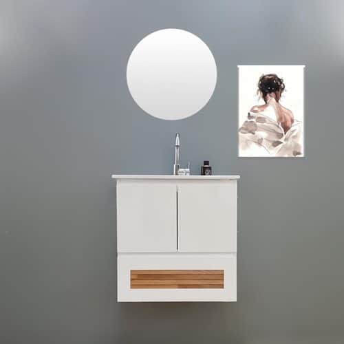 ארון אמבטיה תלוי לפי מידה רוחב עומק וצבע לפי בחירתך עם כיור משטח חרס שקוע דגם פארוס W