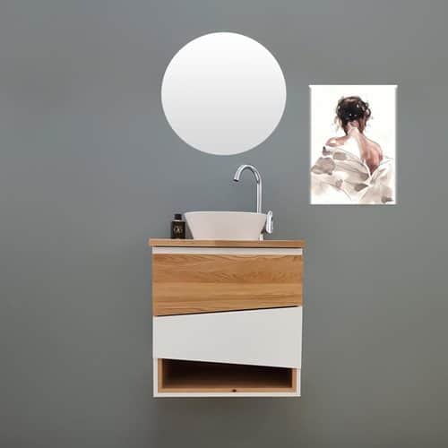 ארון אמבטיה תלוי לפי מידה רוחב עומק וצבע לפי בחירתך עם משטח עץ מלא להנחת כיור מונח דגם דלוויק W