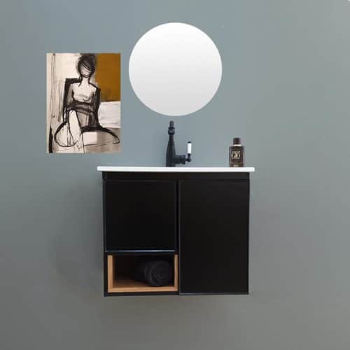 ארון אמבטיה תלוי לפי מידה רוחב עומק וצבע לפי בחירתך עם כיור משטח חרס שקוע דגם רותי W