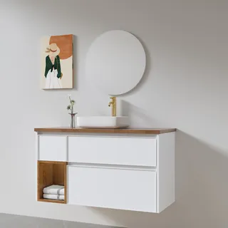 ארון אמבטיה תלוי לפי מידה רוחב עומק וצבע לפי בחירתך עם משטח עץ מלא להנחת כיור מונח דגם פריבורג W