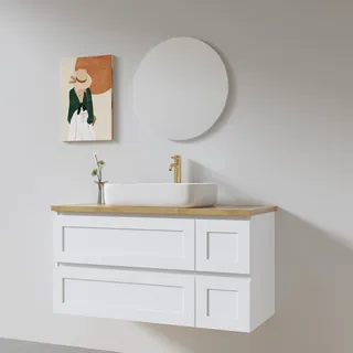 ארון אמבטיה תלוי לפי מידה רוחב עומק וצבע לפי בחירתך עם משטח עץ מלא להנחת כיור מונח דגם באזל W