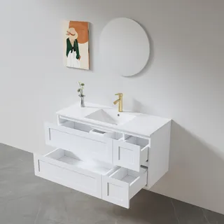 ארון אמבטיה תלוי לפי מידה רוחב וצבע לפי בחירתך עם כיור משטח חרס שקוע דגם לוצרן W