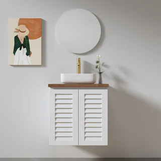 ארון אמבטיה תלוי לפי מידה רוחב עומק וצבע לפי בחירתך עם משטח עץ מלא להנחת כיור מונח דגם אארהוס W