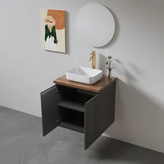 ארון אמבטיה תלוי לפי מידה רוחב עומק וצבע לפי בחירתך עם משטח עץ מלא להנחת כיור מונח דגם אארהוס W