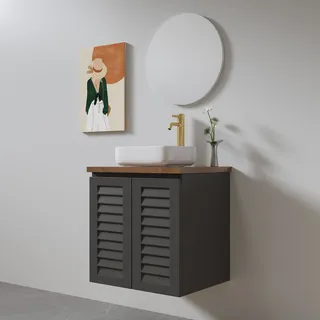 ארון אמבטיה תלוי לפי מידה רוחב עומק וצבע לפי בחירתך עם משטח עץ מלא להנחת כיור מונח דגם אארהוס W