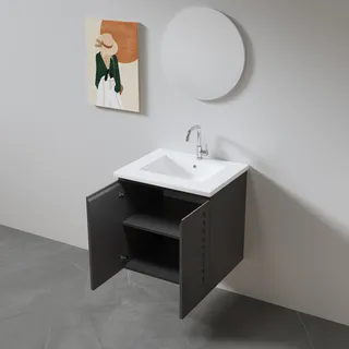 ארון אמבטיה תלוי לפי מידה רוחב עומק וצבע לפי בחירתך עם כיור משטח חרס שקוע דגם אסביר W