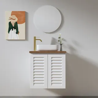 ארון אמבטיה תלוי רוחב 60 ס"מ בעומק 46 ס"מ צבע לבן או שחור מט לבחירתך עם משטח עץ מלא להנחת כיור מונח דגם אארהוס