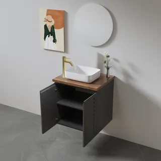 ארון אמבטיה תלוי רוחב 60 ס"מ בעומק 46 ס"מ צבע לבן או שחור מט לבחירתך עם משטח עץ מלא להנחת כיור מונח דגם אארהוס