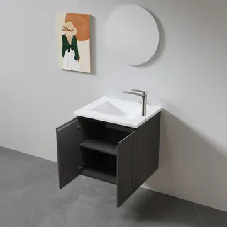 ארון אמבטיה תלוי לפי מידה רוחב עומק וצבע לפי בחירתך עם כיור משטח חרס שקוע דגם אסביר W