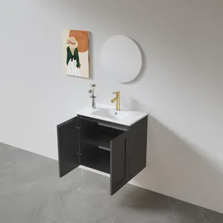 ארון אמבטיה תלוי לפי מידה רוחב עומק וצבע לפי בחירתך עם כיור משטח חרס שקוע דגם ויילה W