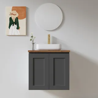 ארון אמבטיה תלוי לפי מידה רוחב עומק וצבע לפי בחירתך עם משטח עץ מלא להנחת כיור מונח דגם סקיין W