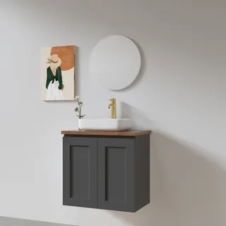 ארון אמבטיה תלוי לפי מידה רוחב עומק וצבע לפי בחירתך עם משטח עץ מלא להנחת כיור מונח דגם סקיין W