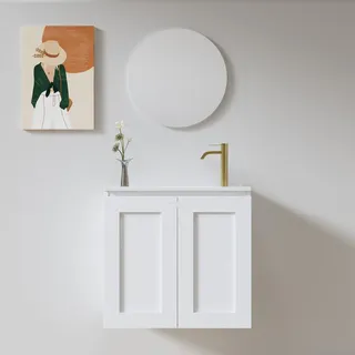 ארון אמבטיה תלוי לפי מידה רוחב עומק וצבע לפי בחירתך עם כיור משטח חרס שקוע דגם ויילה W