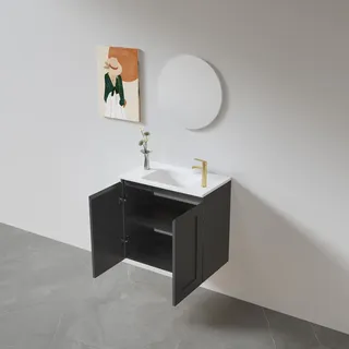 ארון אמבטיה תלוי לפי מידה רוחב עומק וצבע לפי בחירתך עם כיור משטח חרס שקוע דגם ויילה W