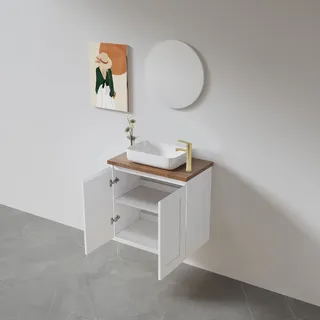 ארון אמבטיה תלוי לפי מידה רוחב עומק וצבע לפי בחירתך עם משטח עץ מלא להנחת כיור מונח דגם סקיין W