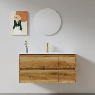 ארון אמבטיה תלוי לפי מידה רוחב ועומק לפי בחירתך עשוי מעץ מלא אלון מבוקע עם כיור משטח חרס שקוע דגם גרופת W