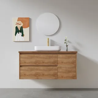 ארון אמבטיה תלוי לפי מידה רוחב ועומק לפי בחירתך עשוי מעץ מלא אלון מבוקע עם משטח להנחת כיור מונח דגם MOON W