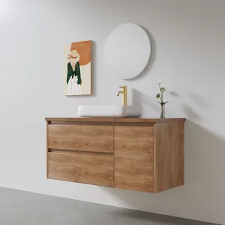 ארון אמבטיה תלוי לפי מידה רוחב ועומק לפי בחירתך עשוי מעץ מלא אלון מבוקע עם משטח להנחת כיור מונח דגם MOON W