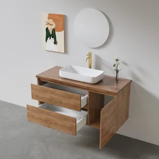 ארון אמבטיה תלוי לפי מידה רוחב ועומק לפי בחירתך עשוי מעץ מלא אלון מבוקע עם משטח להנחת כיור מונח דגם MOON W