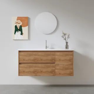 ארון אמבטיה תלוי לפי מידה רוחב ועומק לפי בחירתך עשוי מעץ מלא אלון מבוקע עם כיור משטח חרס שקוע דגם רולי W