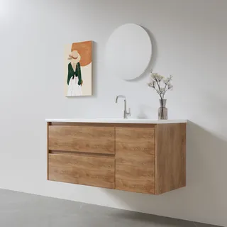 ארון אמבטיה תלוי לפי מידה רוחב ועומק לפי בחירתך עשוי מעץ מלא אלון מבוקע עם כיור משטח חרס שקוע דגם רולי W