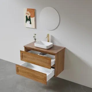 ארון אמבטיה תלוי לפי מידה רוחב ועומק לפי בחירתך עשוי מעץ מלא אלון מבוקע עם משטח להנחת כיור מונח דגם פלמן W