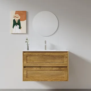 ארון אמבטיה תלוי לפי מידה רוחב ועומק לפי בחירתך עשוי מעץ מלא אלון מבוקע עם כיור משטח חרס שקוע דגם רומא W