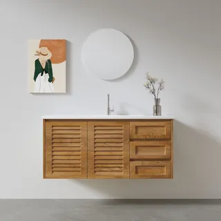 ארון אמבטיה תלוי לפי מידה רוחב ועומק לפי בחירתך עשוי מעץ מלא אלון מבוקע עם כיור משטח חרס שקוע דגם נארה W