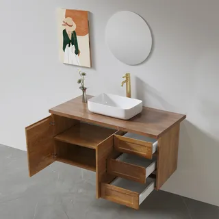 ארון אמבטיה תלוי לפי מידה רוחב ועומק לפי בחירתך עשוי מעץ מלא אלון מבוקע עם משטח להנחת כיור מונח דגם קיוטו W