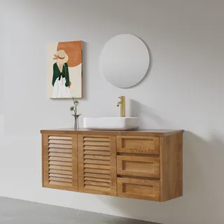 ארון אמבטיה תלוי לפי מידה רוחב ועומק לפי בחירתך עשוי מעץ מלא אלון מבוקע עם משטח להנחת כיור מונח דגם קיוטו W