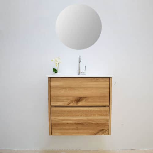 ארון אמבטיה תלוי לפי מידה רוחב ועומק לפי בחירתך עשוי מעץ מלא אלון מבוקע עם כיור משטח חרס שקוע דגם בארי W