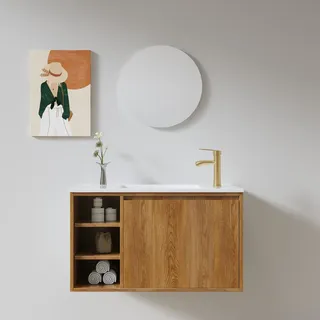 ארון אמבטיה תלוי לפי מידה רוחב ועומק לפי בחירתך עשוי מעץ מלא אלון מבוקע עם כיור משטח חרס שקוע דגם פאס W