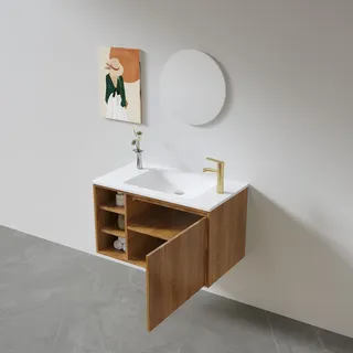 ארון אמבטיה תלוי לפי מידה רוחב ועומק לפי בחירתך עשוי מעץ מלא אלון מבוקע עם כיור משטח חרס שקוע דגם פאס W