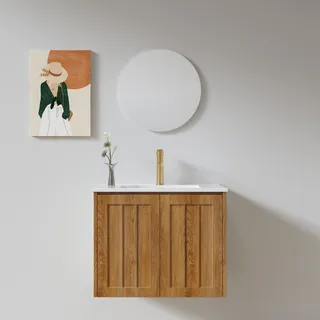 ארון אמבטיה תלוי לפי מידה רוחב ועומק לפי בחירתך עשוי מעץ מלא אלון מבוקע עם כיור משטח חרס שקוע דגם זלצבורג W