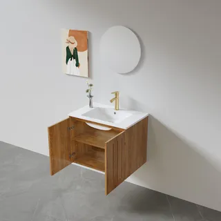 ארון אמבטיה תלוי לפי מידה רוחב ועומק לפי בחירתך עשוי מעץ מלא אלון מבוקע עם כיור משטח חרס שקוע דגם זלצבורג W