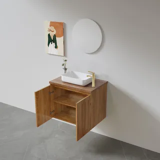 ארון אמבטיה תלוי לפי מידה רוחב ועומק לפי בחירתך עשוי מעץ מלא אלון מבוקע עם משטח להנחת כיור מונח דגם פילאך W