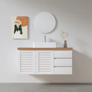 ארון אמבטיה תלוי רוחב 80, 100 ס"מ לבחירתך בעומק 46 ס"מ צבע לבן מט עם משטח עץ מלא להנחת כיור מונח דגם ברן