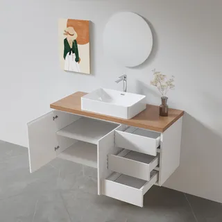 ארון אמבטיה תלוי רוחב 80, 100 ס"מ לבחירתך בעומק 46 ס"מ צבע לבן מט עם משטח עץ מלא להנחת כיור מונח דגם ברן