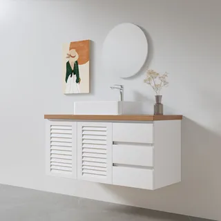 ארון אמבטיה תלוי רוחב 80, 100 ס"מ לבחירתך בעומק 46 ס"מ צבע לבן מט עם משטח עץ מלא להנחת כיור מונח דגם ברן