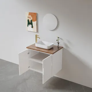 ארון אמבטיה תלוי רוחב 55 ס"מ בעומק 33 ס"מ צבע לבן או שחור מט לבחירתך עם משטח עץ מלא להנחת כיור מונח דגם R48-55